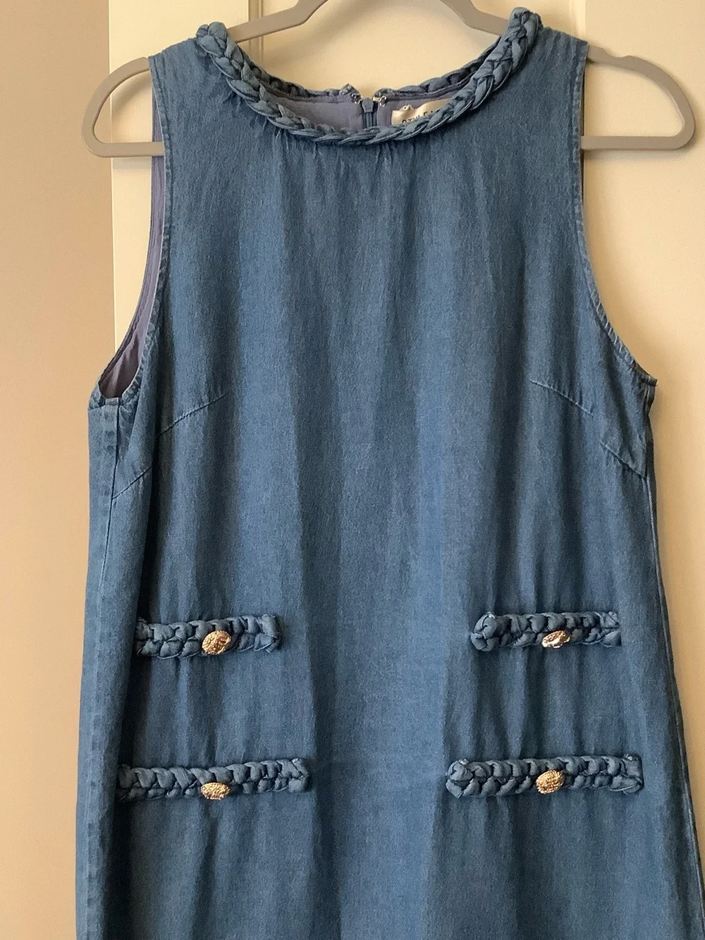 Sleeveless Chambray Midi Dress in Blue with Braided Trim - Picture 2 of 9